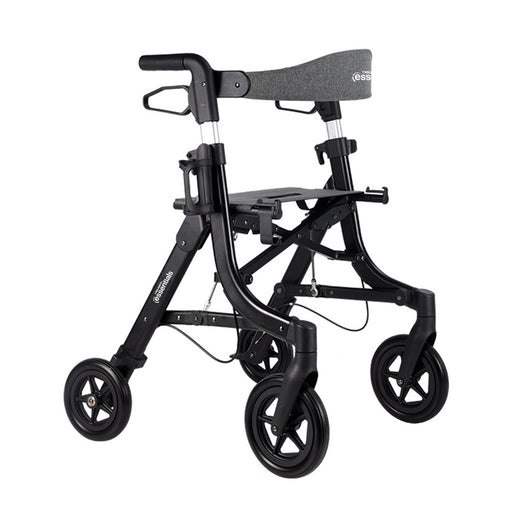 Black rollator with four wheels on a white background