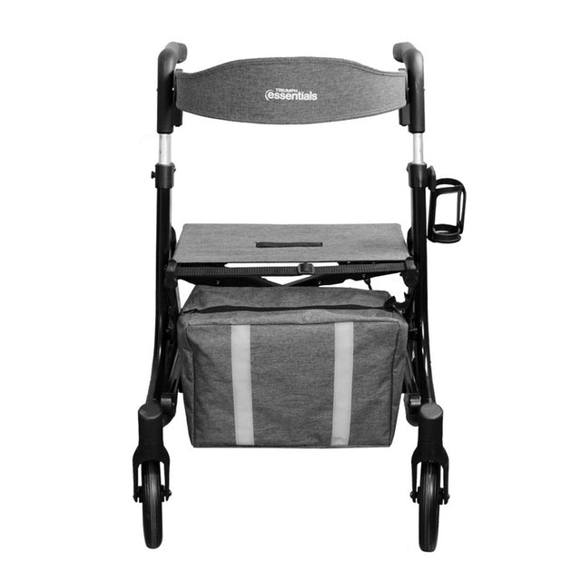 Gray rollator with a bag on a white background