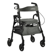 Gray and black walker with seat and storage bag on a white background