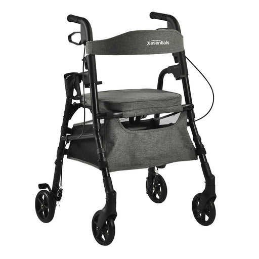 Gray and black walker with seat and storage bag on a white background