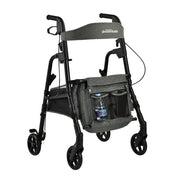 Gray and black rollator with storage bag on a white background