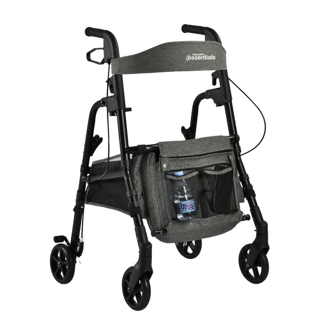 Gray and black rollator with storage bag on a white background