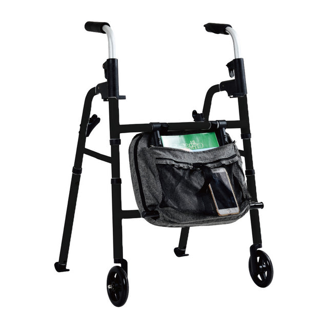 Black walker with a gray bag attached on a white background