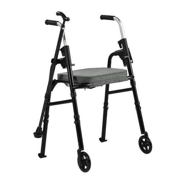 Black walker with wheels and a seat on a white background