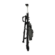 Black and silver tripod with a camera attached on a white background
