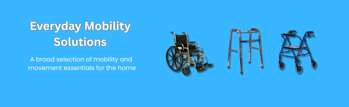 Wheelchair, walker, and rollator on a blue background with text about everyday mobility solutions.