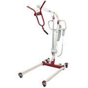 A medical patient lift with a white frame, red base and arm components, and gray caster wheels, shown against a plain white background.