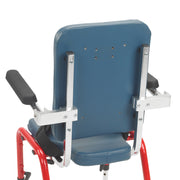 Blue and red medical chair with adjustable armrests on a white background