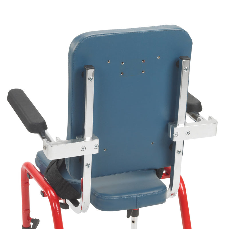 Blue and red medical chair with adjustable armrests on a white background