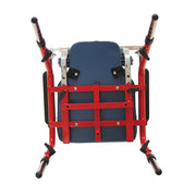 Red and black mechanical device with a blue seat on a white background