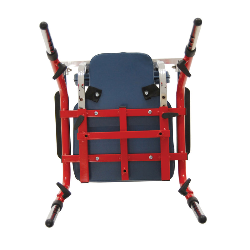 Red and black mechanical device with a blue seat on a white background