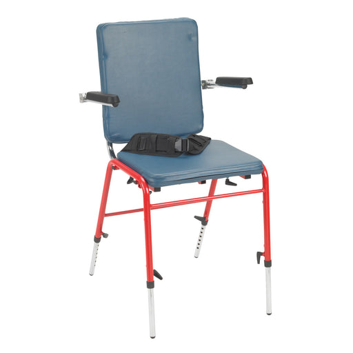 Blue chair with red frame and black belt on a white background
