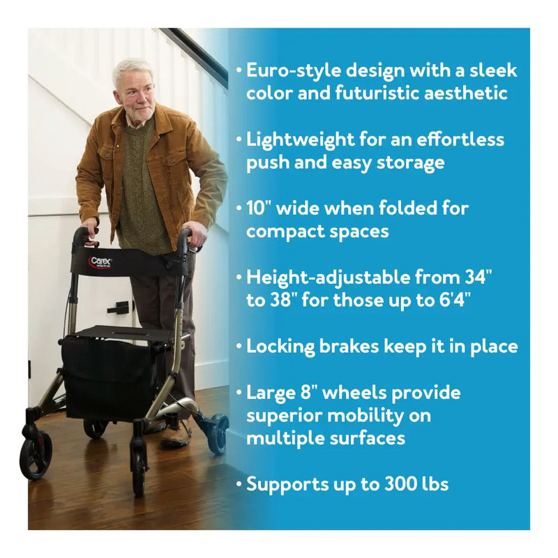 An older man pushes a black and silver rolling walker with a storage basket in an indoor hallway. A large blue text panel on the right lists product features in bullet points.