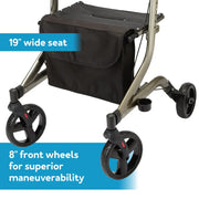 A rollator walker with a black storage bag seat, shown on a white background with blue text overlays highlighting its features: '19" wide seat' and '8" front wheels for superior maneuverability'.