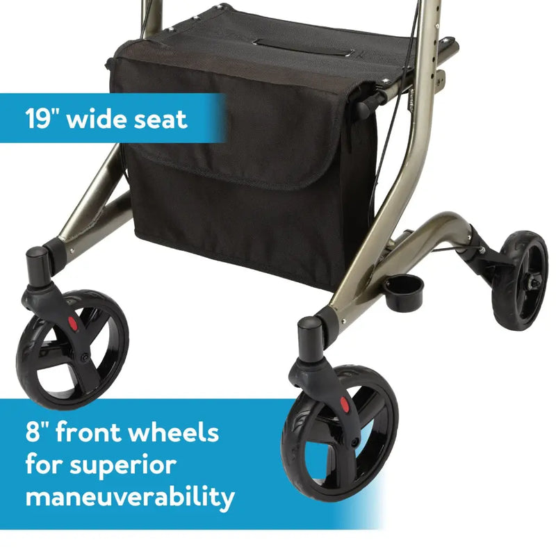 A rollator walker with a black storage bag seat, shown on a white background with blue text overlays highlighting its features: '19" wide seat' and '8" front wheels for superior maneuverability'.