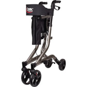 A Carex rollator walker with a metallic bronze frame, black wheels, and a black seat pad featuring the Carex brand logo, shown against a plain white background.