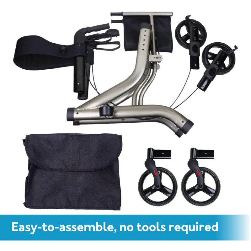 A folding wheelchair or mobility chair set shown on a white background with a blue text banner at the bottom reading 'Easy-to-assemble, no tools required.' The set includes a silver metal frame, black seat and armrest straps, two black hand wheels, two small black foot pedals, and a black carrying bag.