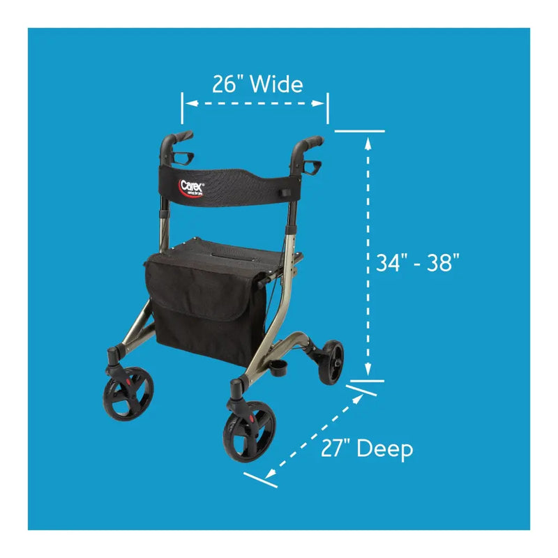 A rollator walker with a black storage bag, shown on a solid blue background with white dimension lines and text indicating 26" width, 34"-38" height, and 27" depth.