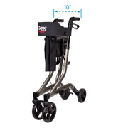 A rollator walker with a black seat cushion and a metallic gray frame, shown on a white background with a blue dimension overlay indicating a 10-inch width.