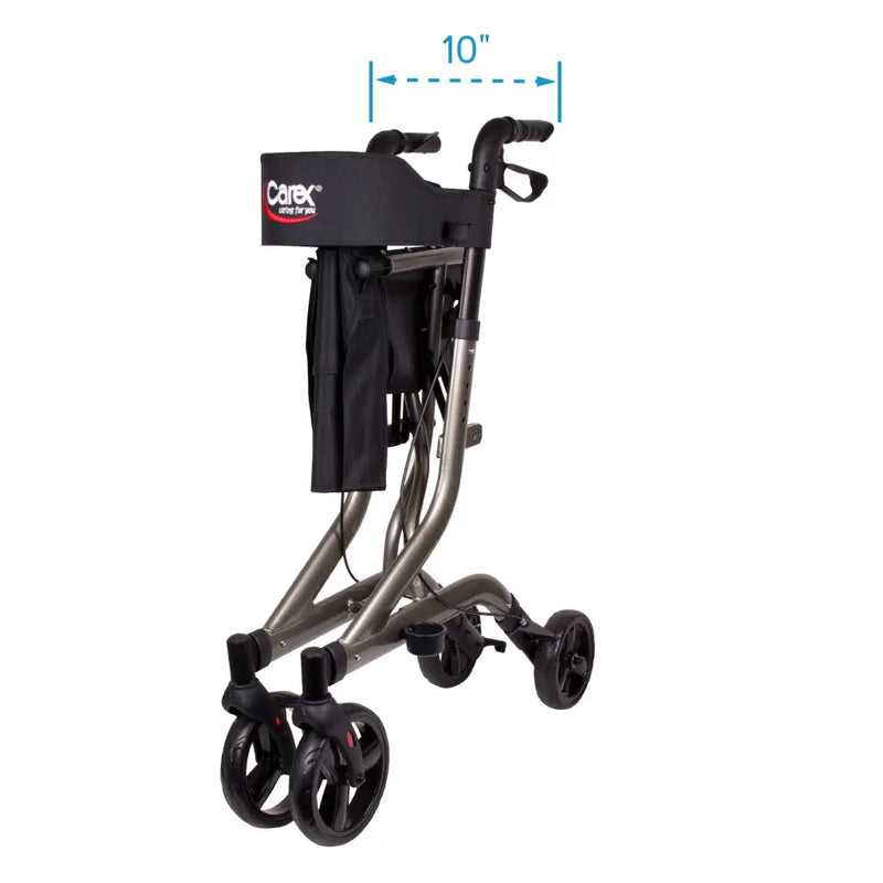 A rollator walker with a black seat cushion and a metallic gray frame, shown on a white background with a blue dimension overlay indicating a 10-inch width.