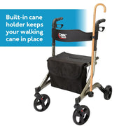 A CareEx rollator walker with a black storage basket, black padded seat, and a light wood cane handle, shown on a white background with a blue text banner explaining the built-in cane holder.