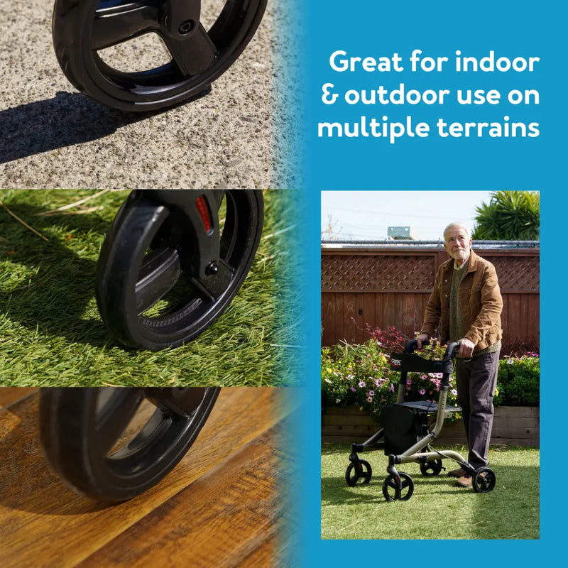 Stroller wheels on different surfaces with text about versatility, followed by a man using the stroller outdoors.