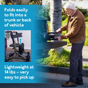 An older man outdoors positions a compact walker/trainer device behind a vehicle trunk, with on-image text highlighting easy folding, vehicle fit, and lightweight 14 lb pickup.