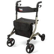 A Carex Ultra rollator walker with a black seat bag and black armrests, featuring a metallic bronze frame and black wheels, shown on a white background.