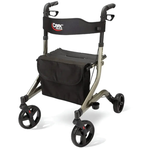 A Carex Ultra rollator walker with a black seat bag and black armrests, featuring a metallic bronze frame and black wheels, shown on a white background.