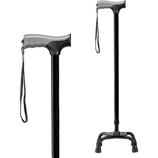 A black and gray manual crutch-style walking cane shown from two angles on a plain white background, with a wrist strap attached.