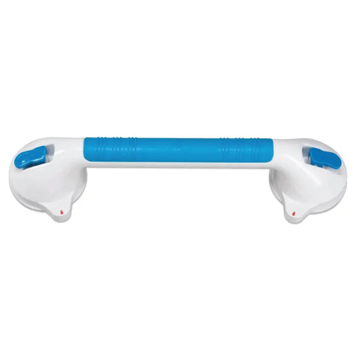 A white and blue plastic suction cup lift handle with a textured grip in the center, shown against a plain white background.