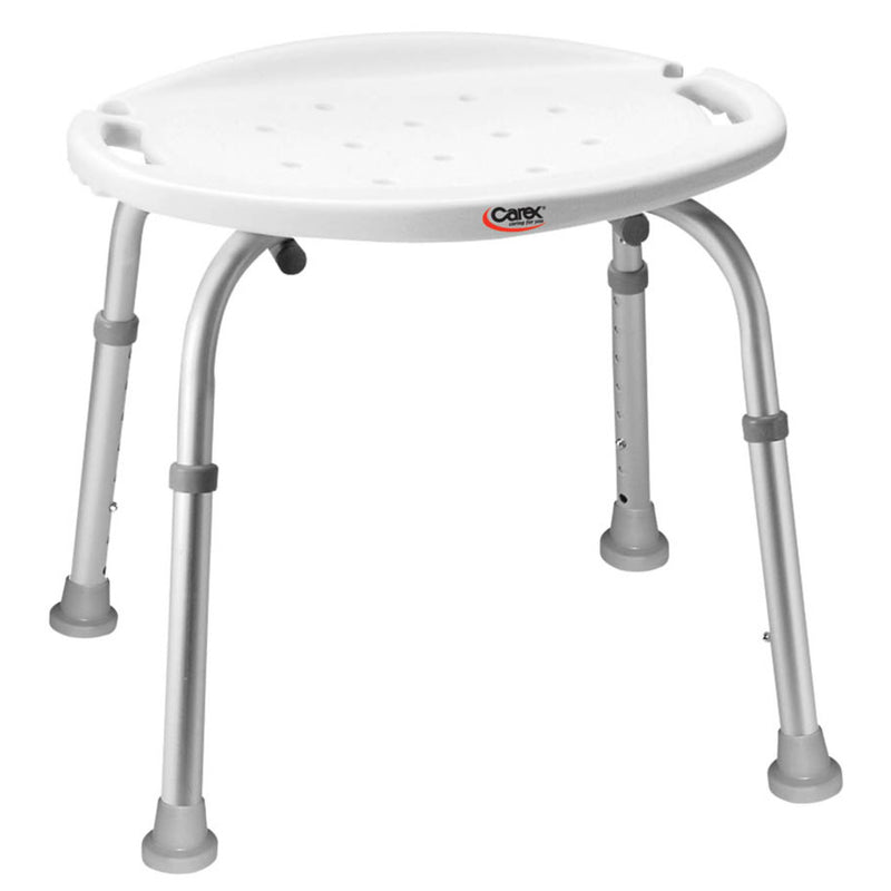 White adjustable stool with metal legs on a white background, featuring the Carex brand.