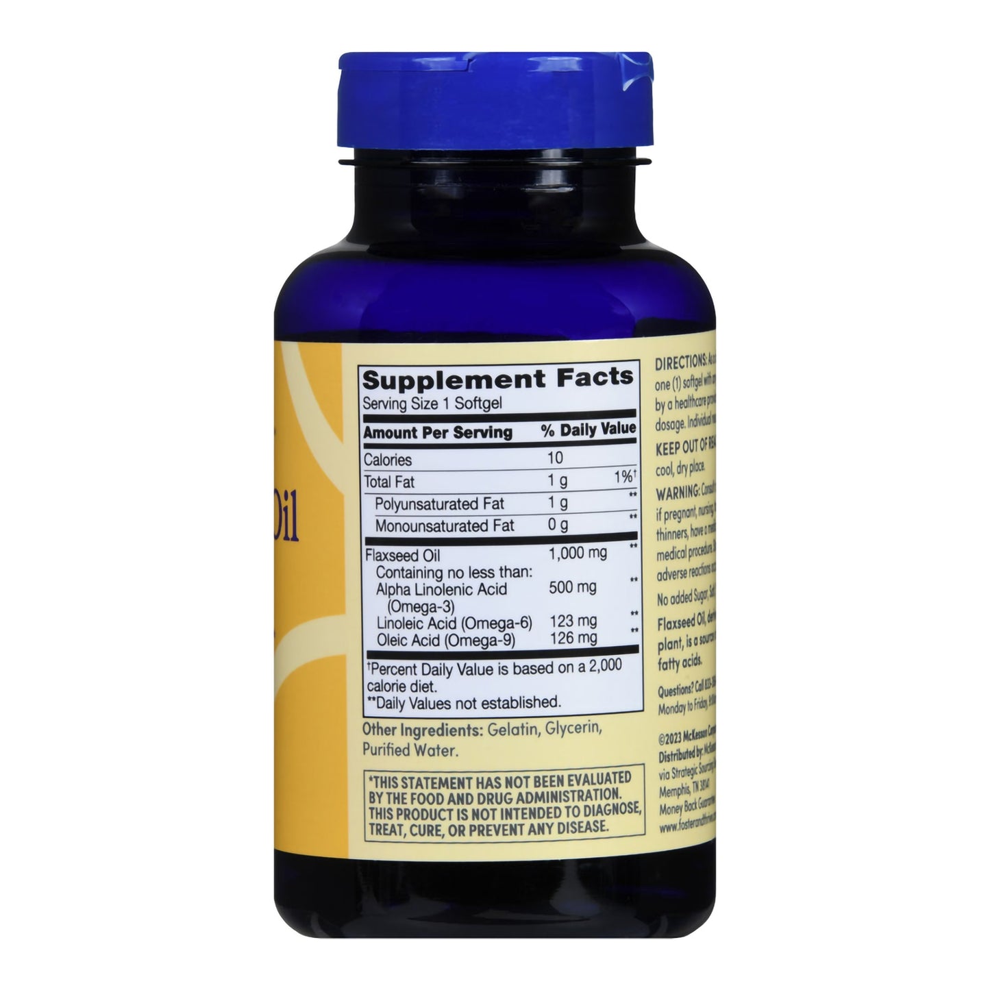 Supplement bottle with blue cap and yellow label on a white background