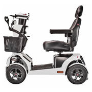 White mobility scooter with black seat and basket on a white background