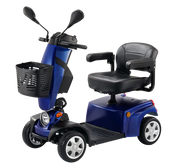 Blue mobility scooter with black seat and basket on a white background