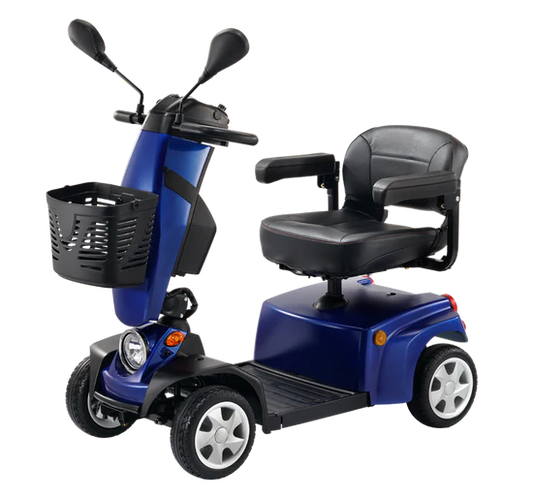 Blue mobility scooter with black seat and basket on a white background