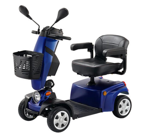 Blue mobility scooter with black seat and basket on a white background