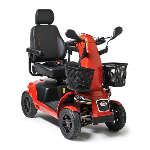 Red mobility scooter with black seat and baskets on a white background