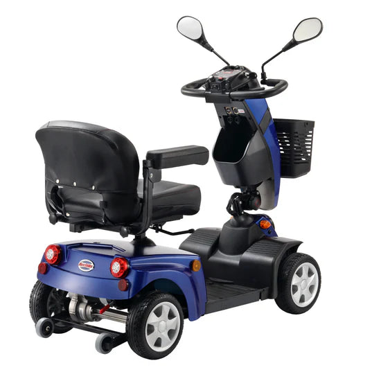 Blue mobility scooter with black seat on a white background
