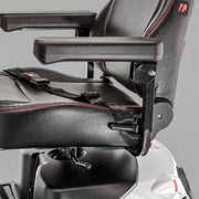 Close-up of a black office chair with armrests and seat on a gray background