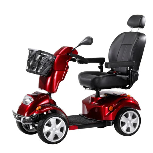 Red mobility scooter with black seat on a white background