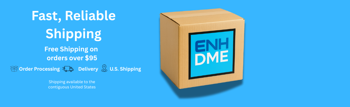 Cardboard box with 'ENH DME' logo on a blue background, promoting fast and reliable shipping services.
