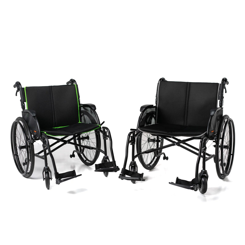 Two black wheelchairs on a white background