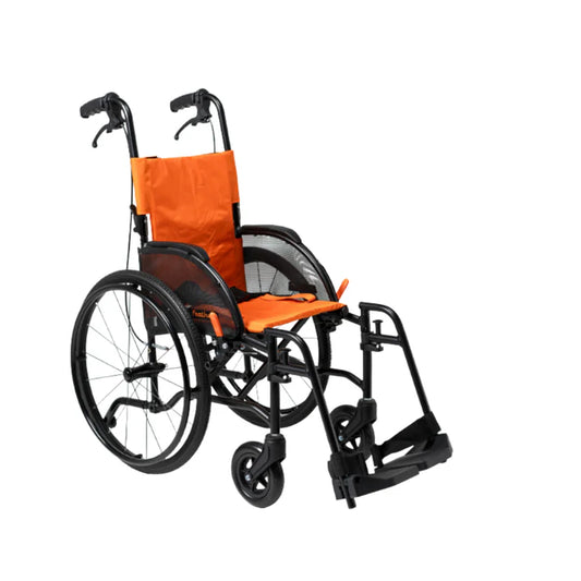 Wheelchair with orange seat cover on a white background