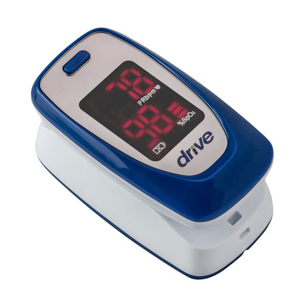 Finger pulse oximeter with digital display on a white background