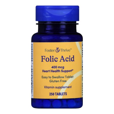 Folic Acid supplement bottle with blue and yellow label on a white background