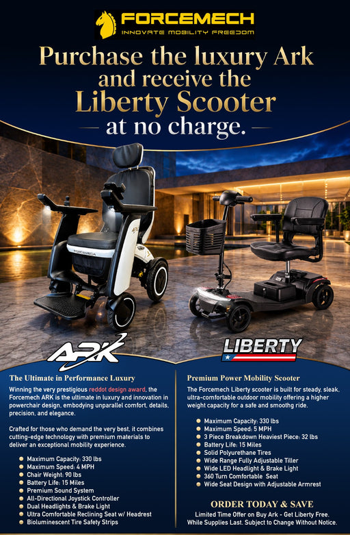A promotional brochure page for the Forcemech Liberty Power Mobility Scooter, featuring product renderings and text on a dark blue background with the Forcemech logo at the top.