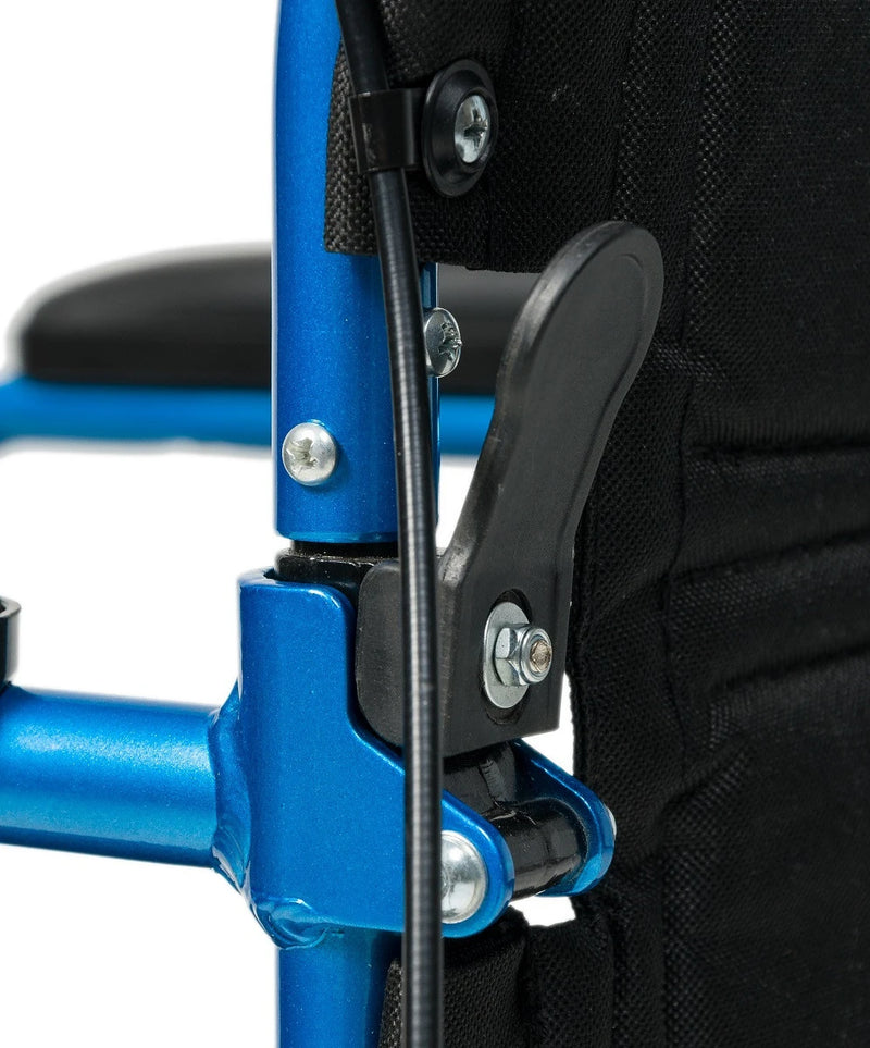Close-up of a blue metal frame attachment with a black lever and black mesh fabric, secured with silver screws on a white background.