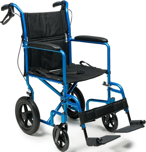 A blue metal folding wheelchair with a black padded seat, backrest, armrests, and black wheels, shown on a clean white background.