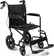 A black manual wheelchair with a padded fabric seat and backrest, black armrests, and large rear wheels, shown on a clean white background.